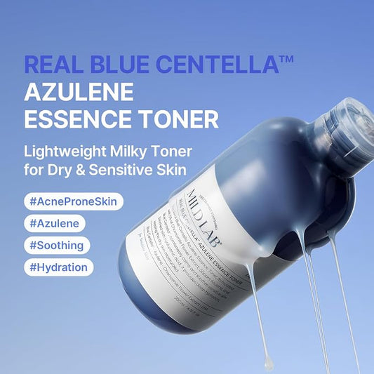MildLab Real Blue Centella Azulene Essence Toner - Lightweight Moisturizer for Dry & Sensitive Skin with Azulene, Centella, 10-Hyaluronic Acid Complex
