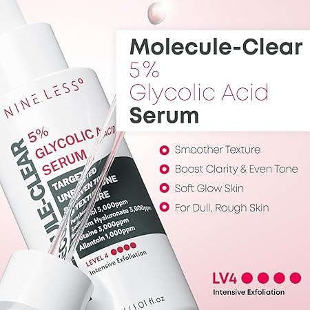 NINELESS Molecule-Clear 5% Glycolic Acid Serum - Korean Skincare AHA Exfoliating, Texture Refining - Panthenol, Sodium Hyaluronate, Allantoin - Hydrating, Soothing for Dull Rough Skin