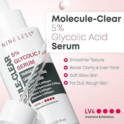 NINELESS Molecule-Clear 5% Glycolic Acid Serum - Korean Skincare AHA Exfoliating, Texture Refining - Panthenol, Sodium Hyaluronate, Allantoin - Hydrating, Soothing for Dull Rough Skin