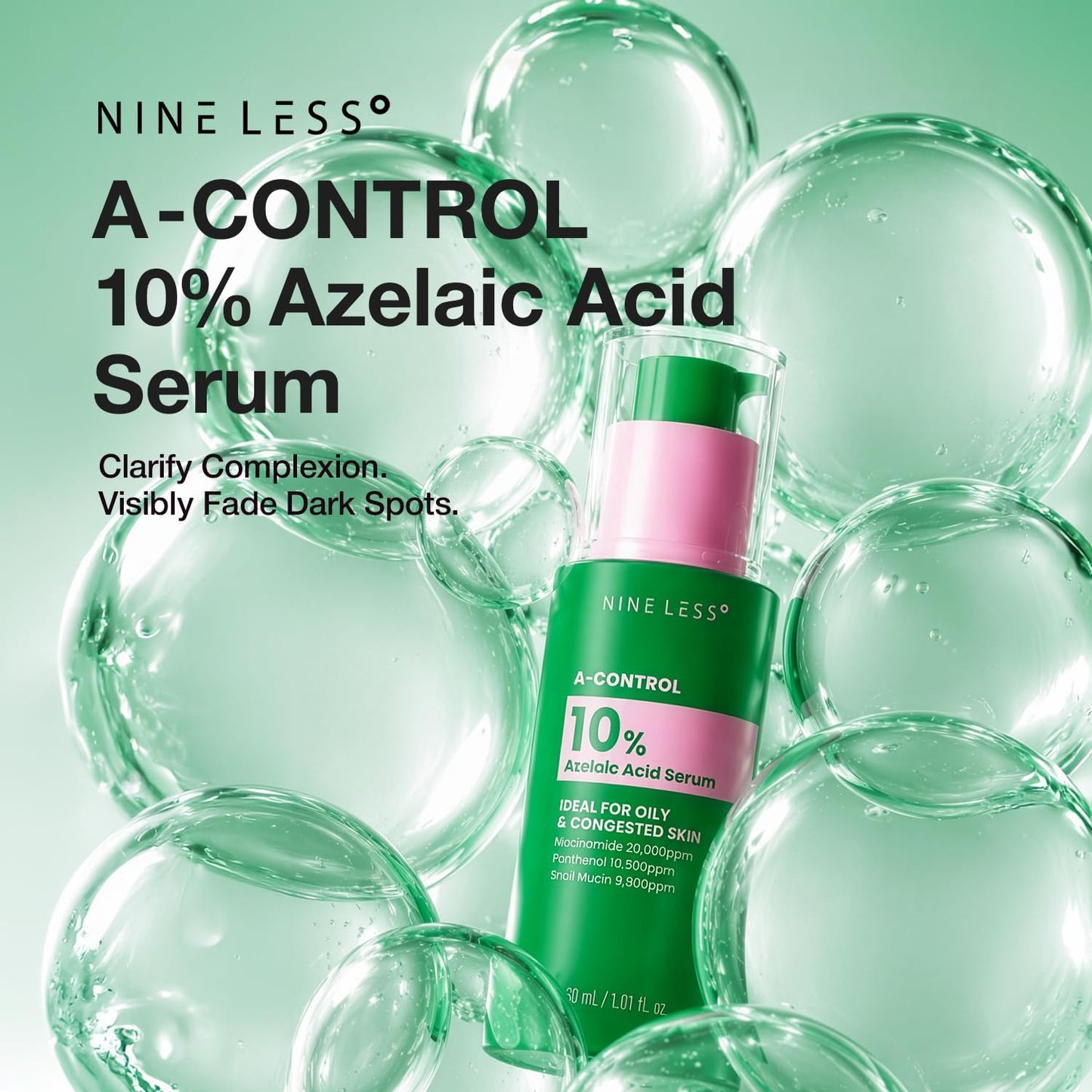 NINELESS A-Control 10% Azelaic Acid Serum with Niacinamide, Snail Mucin, 3 Hyaluronic Acids & Panthenol, Evens tone, Refines pores, Hydration, Soothes redness, For acne-prone, oily skin