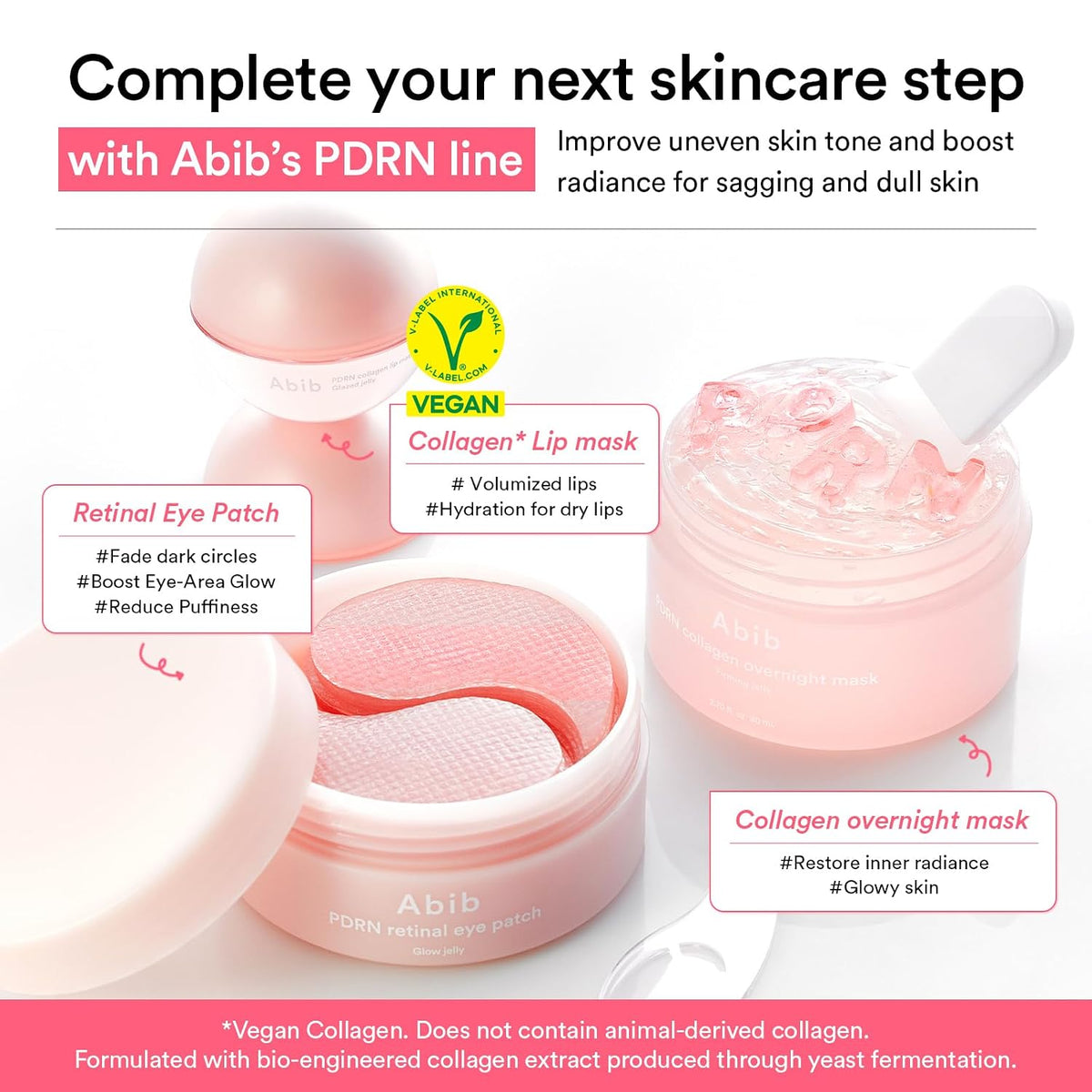 Abib Pink Me Up PDRN 3 Step Glow Kit, Overnight Firming Jelly Mask, PDRN Retinal Eye patches, PDRN Lip Mask, Korean Skincare Set