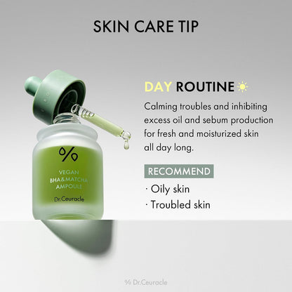 Dr.Ceuracle Vegan BHA & Matcha Ampoule - Gentle Exfoliating Facial Serum, Salicylic Acid for Pores and Sebum Treatment, Korean Skincare for Stocking Stuffers
