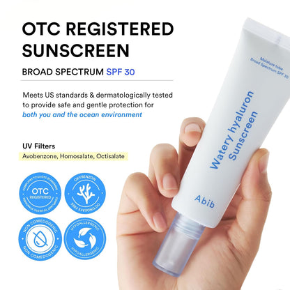 Abib Watery Hyaluron Sunscreen Moisture Tube Broad Spectrum SPF 30, Korean Sunscreen with Hyaluronic Acid, Lightweight, No White Cast, Skin Care, Niacinamide Vitamin C, Suncare