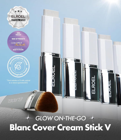 ELROEL Blanc Cover Cream Stick V White (200 Fair)- Korean Color-Changing Foundation Stick with Volufiline, Medium to Full Coverage Dewy Finish Base Makeup - Dual-Ended with Detachable Brush