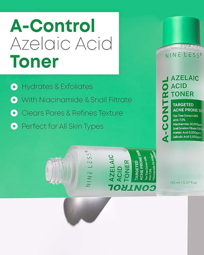 Nineless A-Control Azelaic Acid Toner with AHA & BHA - Pore Refining & Soothing Facial Toner for Acne-Prone Skin - Redness Relief & Dark Spot Corrector