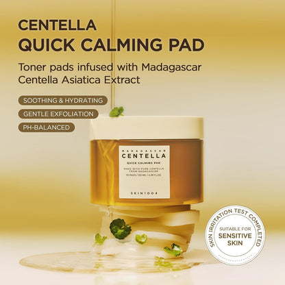 SKIN1004 Centella Quick Calming Pad, 70 Pads, Korean Face Toner Pad with Madagascar Centella Asiatica & Hyaluronic Acid, Hydrating & Soothing Facial Toner Pads for Gentle Exfoliation, Korean Skin Care