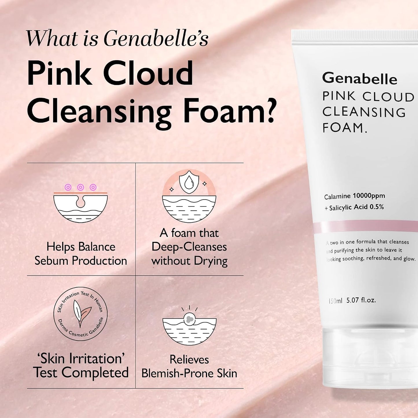 Genabelle Pink Cloud Cleansing Foam - Hydrating Gentle Face Cleanser with Salicylic Acid and Calamine Powder for Blemish Care, Deep Cleansing Face Wash for Normal to Oily Skin