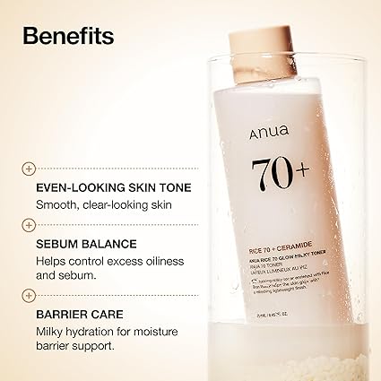 Anua Rice 70 Glow Milky Toner, Non Comedogenic, Korean Skincare, 8.45 fl.oz-Glass & Dewy Skin, Hydrating & Barrier Care, Rice Water, Niacinamide, Ceramides, All Skin Types, Fragrance-Free