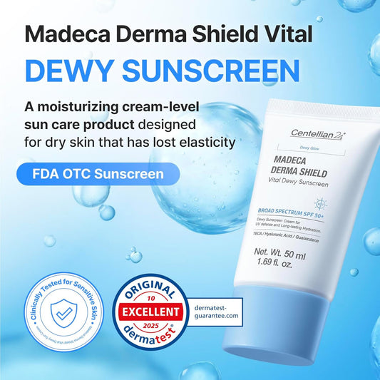 CENTELLIAN 24 Madeca Derma Shield Vital Dewy Sunscreen Broad Spectrum SPF50+ – Moisturizing Sunscreen with Skin TECA, Centella PDRN, Hydration, Elasticity & Lightweight Watery Cream Texture