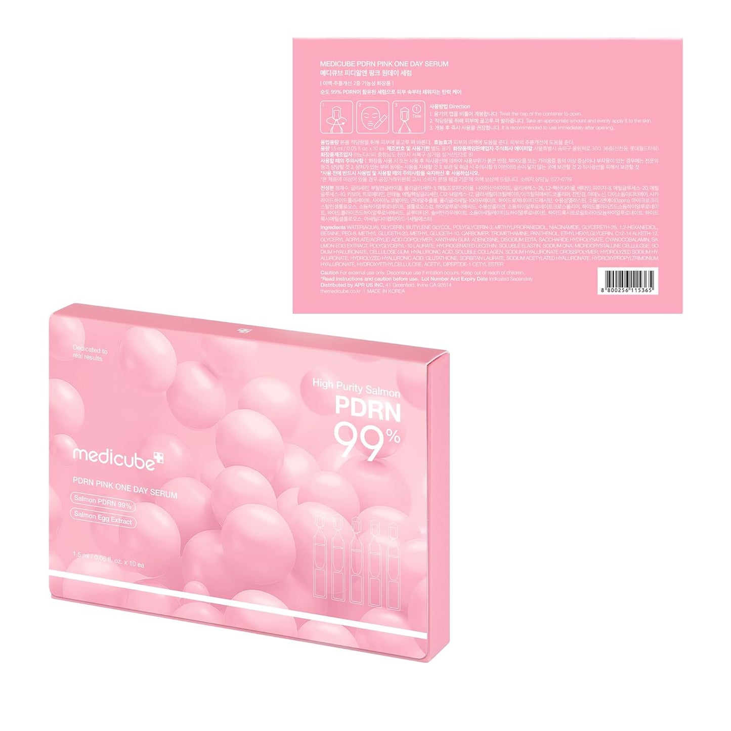 medicube Salmon DNA PDRN Pink One Day Serum - 99% Salmon DNA PDRN Intensive Ampoule, Collagen, Glutathione, Hyaluronic Acid, Improves skin radiance