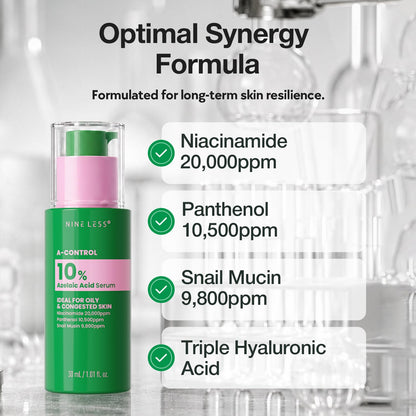 NINELESS A-Control 10% Azelaic Acid Serum with Niacinamide, Snail Mucin, 3 Hyaluronic Acids & Panthenol, Evens tone, Refines pores, Hydration, Soothes redness, For acne-prone, oily skin