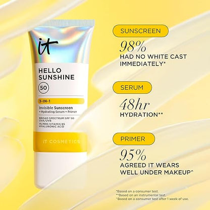 IT Cosmetics Hello Sunshine Invisible Sunscreen for Face SPF 50 - Sunscreen, Hydrating Serum & Makeup Primer - 1% Pro-Vitamin B5 & Hyaluronic Acid - HSA/FSA Eligible - No White Cast