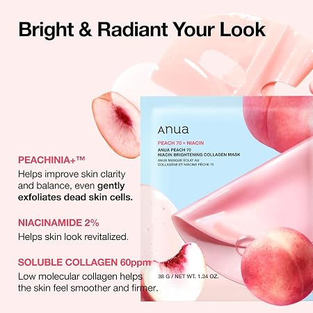 ANUA Peach 70 Niacin Brightening Collagen Mask, 1.34 fl.oz/4ea | Overnight Face Mask for Glass Skin, Niacinamide, Elasticity, Even Skin Tone, Natural Color, Korean Skincare