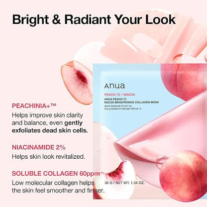 ANUA Peach 70 Niacin Brightening Collagen Mask, 1.34 fl.oz/4ea | Overnight Face Mask for Glass Skin, Niacinamide, Elasticity, Even Skin Tone, Natural Color, Korean Skincare