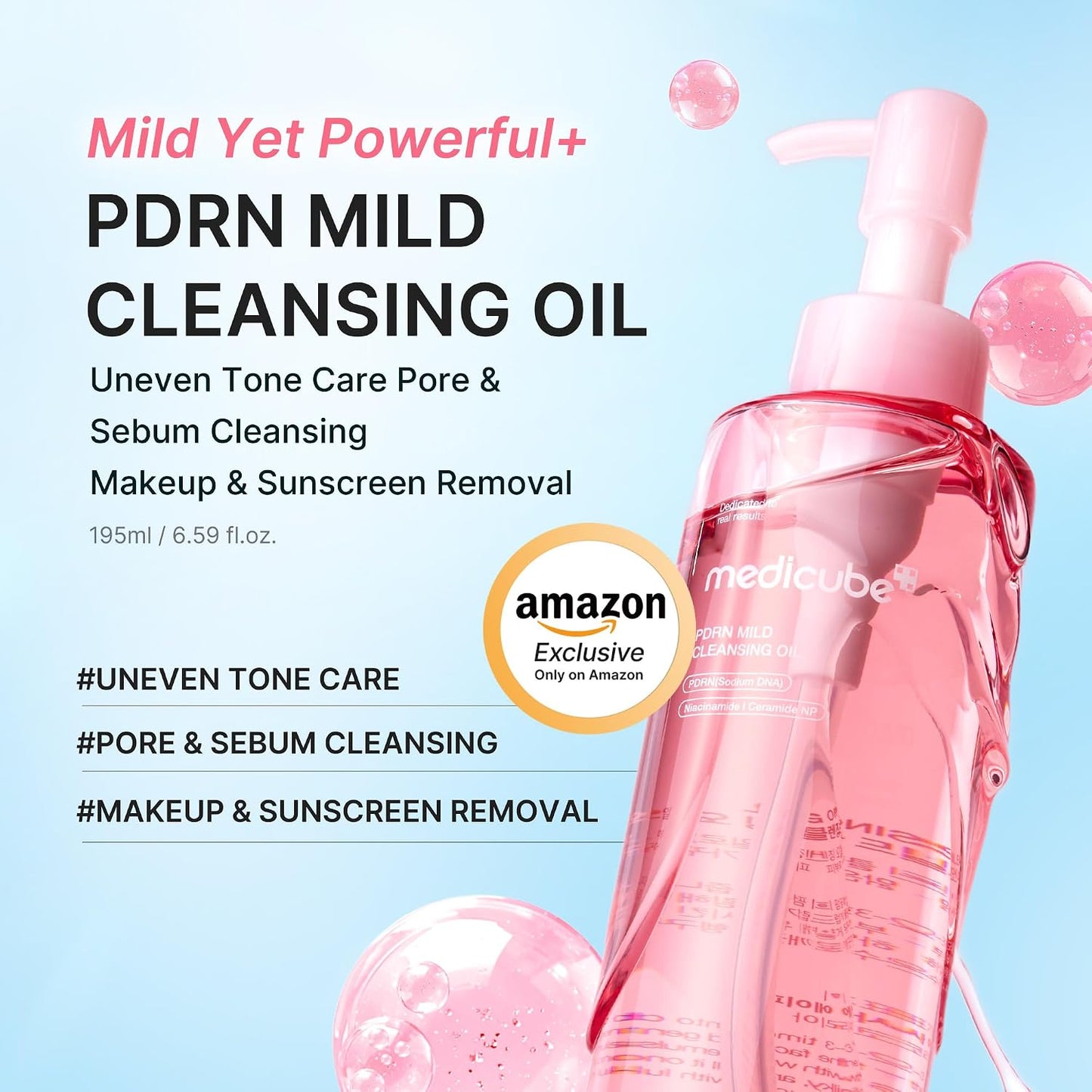Medicube Cleansing Oil PDRN Mild for Uneven Tone Care, PDRN Watery Cleanser for Pore & Sebum Care, Waterproof Makeup & SPF Remover, Low irritation, Korean Skin Care