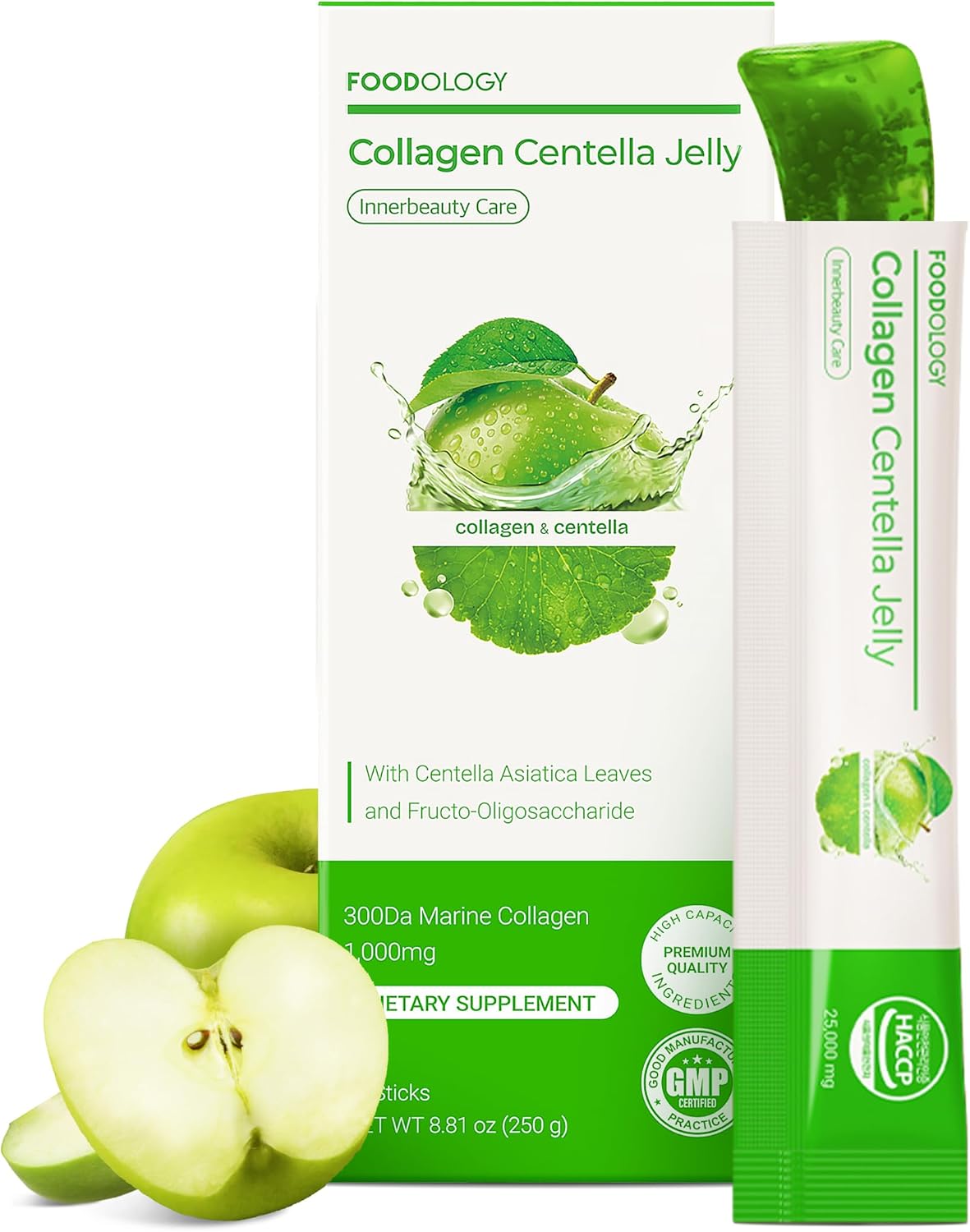 FOODOLOGY Coleology Centella Jelly Collagen Petide, Gree Apple, 1 Stick, PDRN, Biotin & Hyaluronic Acid, Vitamin for Skin Glow, Hair & Nail Support, Korean Jelly Collagen Stick