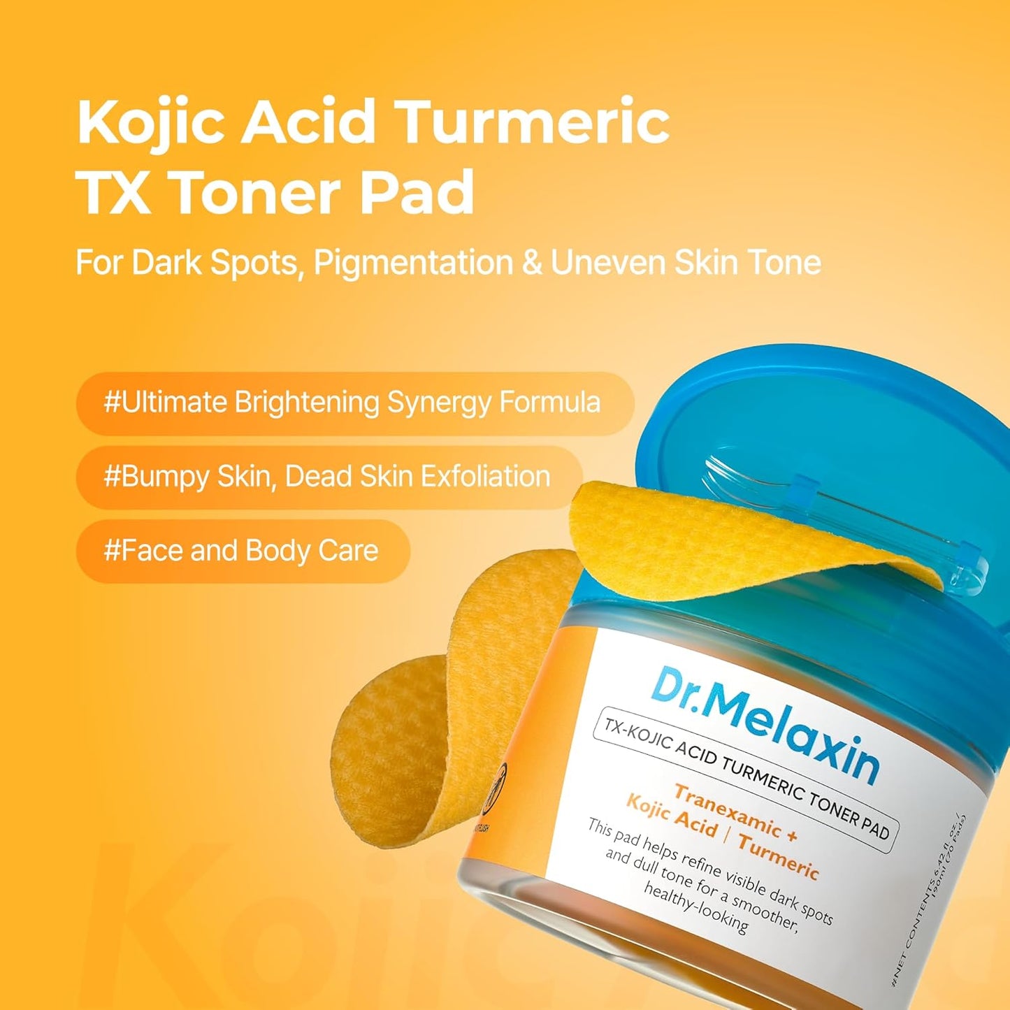 Dr.Melaxin TX Kojic Acid Turmeric Toner Pads with Tranexamic Acid, Brightening Toner Pad for Pigmentation & Dark Spot Care, Gentle Keratin Care for Radiant Skin, Korean Skincare,