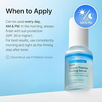 mixsoon Bean Copper Peptide Firming Serum GHK-Cu Copper Peptides Dual-Phase face skincare with Fermented Bean & 2% Niacinamide for Firm-Looking Skin, Korean Skincare, 30ml / 1.01 fl oz