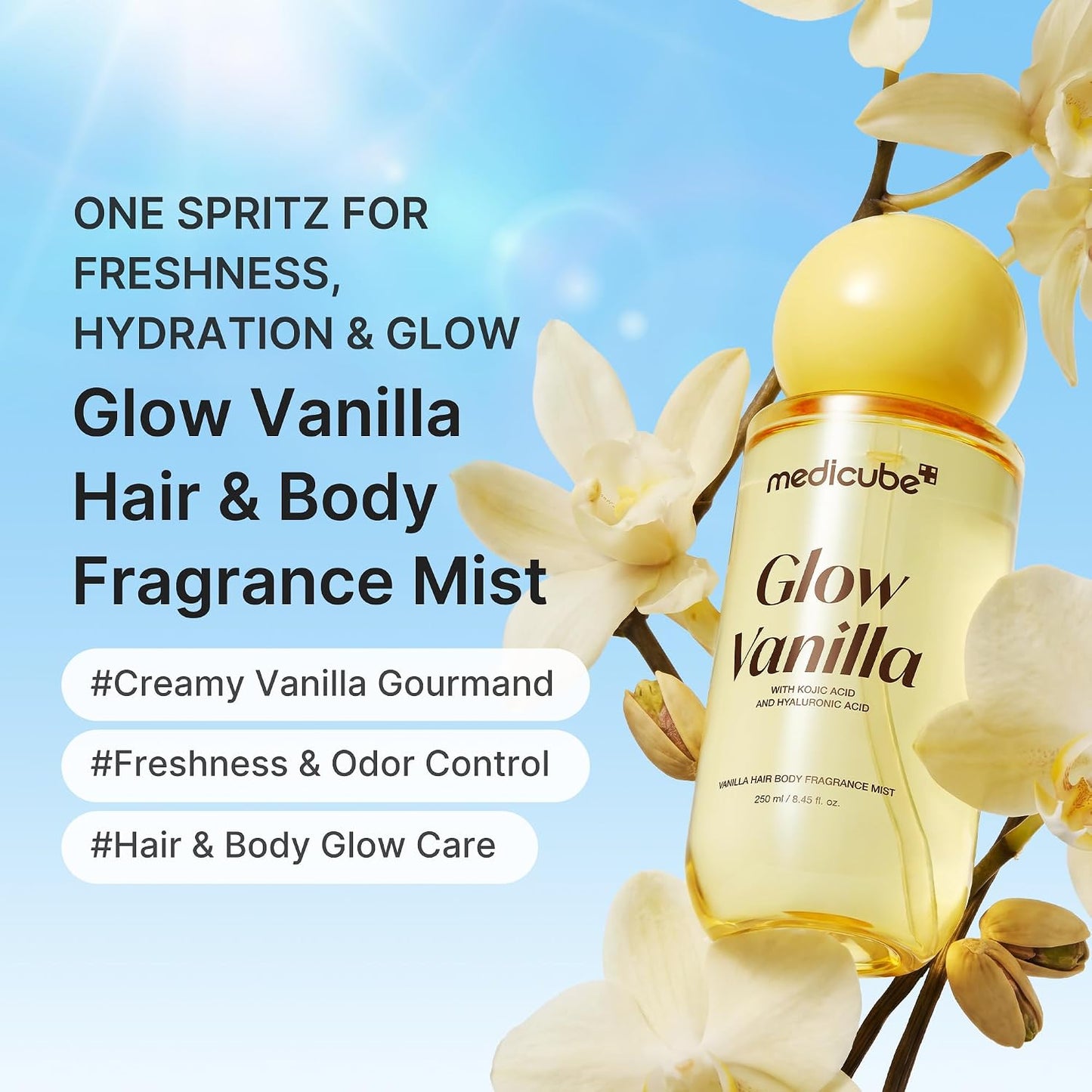 Medicube Glow Vanilla Hair & Body Fragrance Mist, Sweet Creamy Vanilla Musk Perfume Mist with Niacinamide and Hyaluronic Acids - Freshness, Odor Care & Glow, Korean Body Care