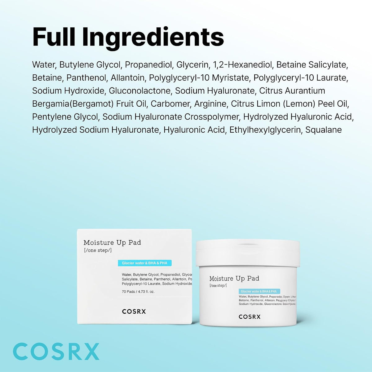 COSRX Moisture Up Pads 70 Sheets, BHA, Gentle Daily Exfoliant for Sensitive Skin, Preventing Breakouts, Moisturizing, Nourishing, Blemish Care, Korean Skin Care