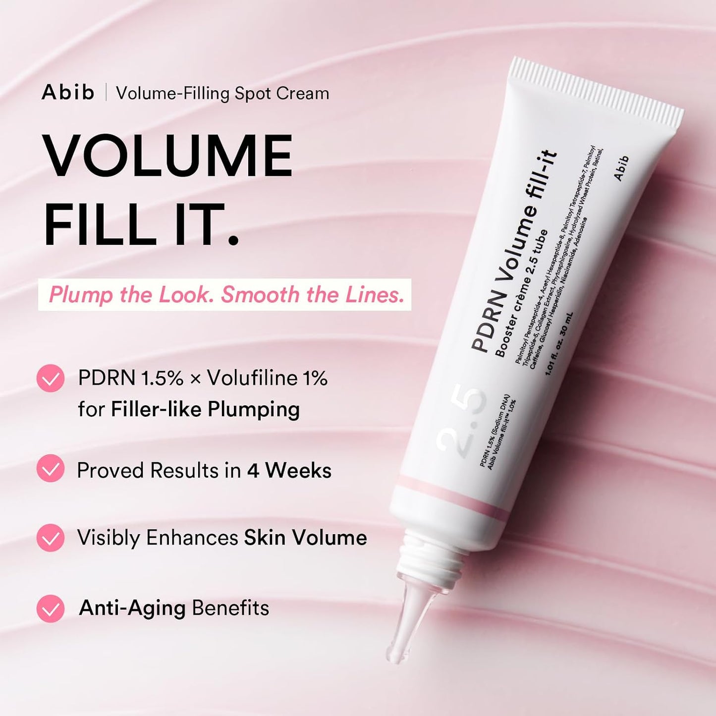 Abib PDRN Volume fill-it Booster Cream 2.5 tube | Facial Volume Plumping with PDRN 15,000ppm Peptides Retinal | For Forehead, Smile Lines & Neck Wrinkles | Anti-Aging Firming