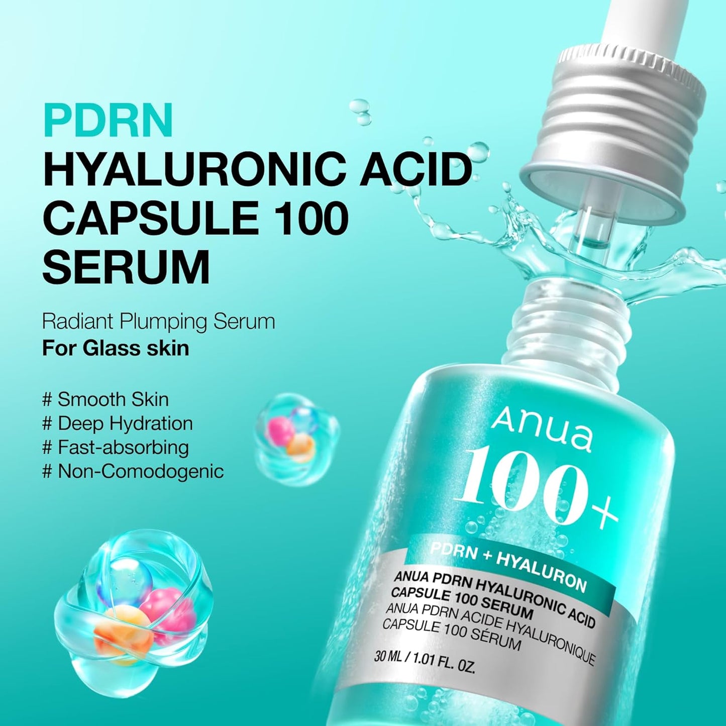 Anua PDRN Hyaluronic Acid Capsule 100 Serum, Radiant Face Serum, Salmon DNA, Hyaluronic Acid, Hydration, Moisture Plumping Effect, Lightweight, Glass Skin, Korean Skincare