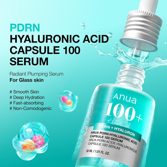 Anua PDRN Hyaluronic Acid Capsule 100 Serum, Radiant Face Serum, Salmon DNA, Hyaluronic Acid, Hydration, Moisture Plumping Effect, Lightweight, Glass Skin, Korean Skincare