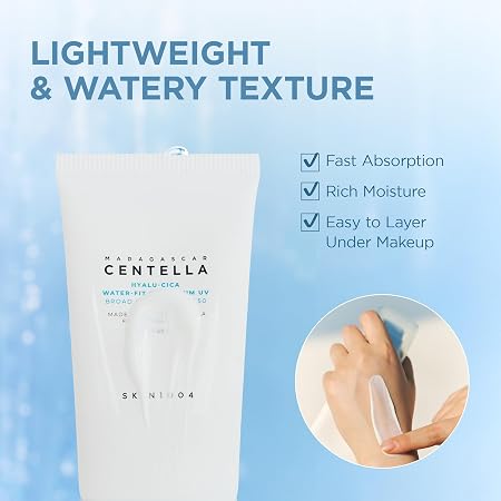 SKIN1004 Centella Hyalu-Cica Water-Fit Sun Serum UV, Korean Sunscreen SPF 50, Centella Sunscreen, Travel Essentials, Sunscreen with Hyaluronic Acid, No White Cast, Korean Skin Care