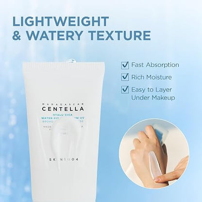 SKIN1004 Centella Hyalu-Cica Water-Fit Sun Serum UV, Korean Sunscreen SPF 50, Centella Sunscreen, Travel Essentials, Sunscreen with Hyaluronic Acid, No White Cast, Korean Skin Care