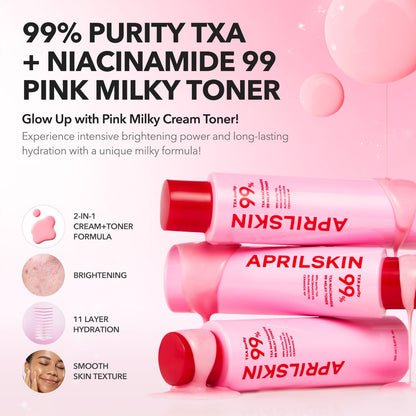 APRILSKIN TXA + Niacinamide 99 Pink Milky Toner, 99% High-Purity TXA 3%+ Niacinamide 5% for Brightening, Highly Concentrated Cream Toner, Deep Moisturizing Formula for Dull Skin