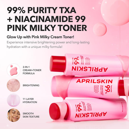 APRILSKIN TXA + Niacinamide 99 Pink Milky Toner, 99% High-Purity TXA 3%+ Niacinamide 5% for Brightening, Highly Concentrated Cream Toner, Deep Moisturizing Formula for Dull Skin