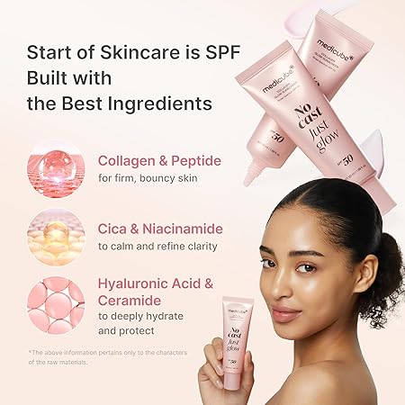 medicube No Cast Just Glow Collagen Sunscreen | SPF 50 Broad Spectrum Face Sunscreen | Lightweight, Non-Sticky, Hydrating Formula | Peptide, Cica for Soothing & Glow