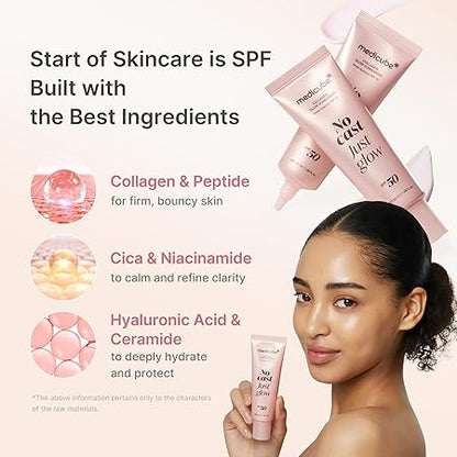 medicube No Cast Just Glow Collagen Sunscreen | SPF 50 Broad Spectrum Face Sunscreen | Lightweight, Non-Sticky, Hydrating Formula | Peptide, Cica for Soothing & Glow