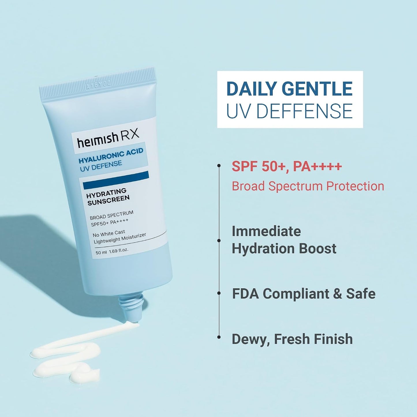HEIMISH RX Hyaluronic Acid Hydrating Sunscreen No White Cast, Lightweight, Fast-absorbing Daily Relief Facial Sunscreen, Moisturizing Broad Spectrum SPF 50, Korean Skincare
