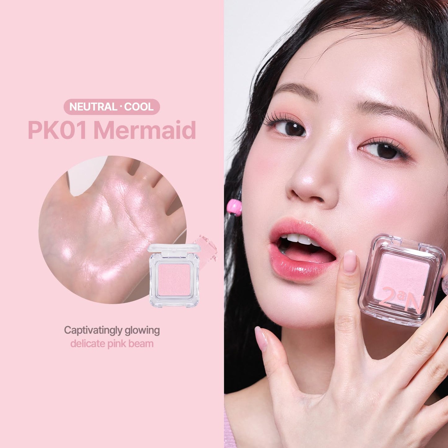 2aN Pure Glass Highlighter PK01 Mermaid – Glass-Like Sheen Powder Highlighter for a Natural, Radiant Glow, Buildable, Long-Lasting, Lightweight Formula