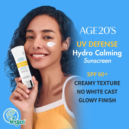 AGE20'S UV Defense Hydro Calming Sunscreen - SPF 60+ Korean Sunscreen, Moisturizing Creamy Formula, No White Cast, Lightweight Finish, Green Tea + Aloe Vera, Dermatest Excellent