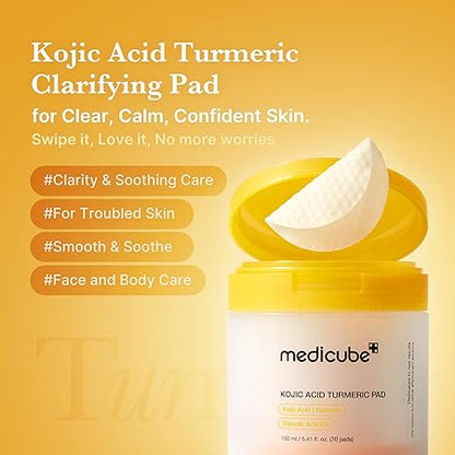 medicube Toner Pads Kojic Acid Turmeric Clarifying Toner Pad for Troubled Skin & Use After Spot Care, Soothing with Kojic Acid, Turmeric, Niacinamide, Glycolic Acid