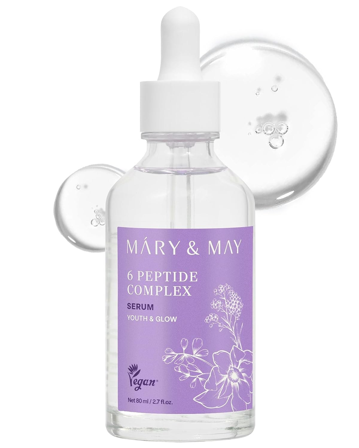 Mary&May 6 Peptide Complex Serum - Korean Anti-Aging Face Treatment for Wrinkle Reduction, Skin Firmness & Hydration, EWG Verified, Fragrance Free