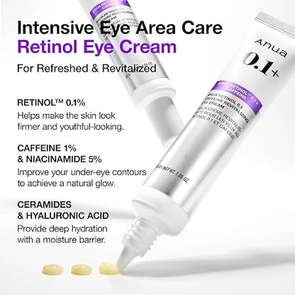 Anua Retinol 0.1 Caffeine Revitalizing Eye Cream, Lightweight Formula for Dark Circles & Puffiness, Hydrating for Sensitive Skin