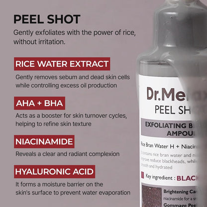 Dr.Melaxin Peel Shot Exfoliating Black Rice Ampoule - Rice Water AHA BHA Niacinamide Serum for Dead Skin Cells, Blackheads and Pores, Glass Skin Glow, Korean Skin Care Exfoliant