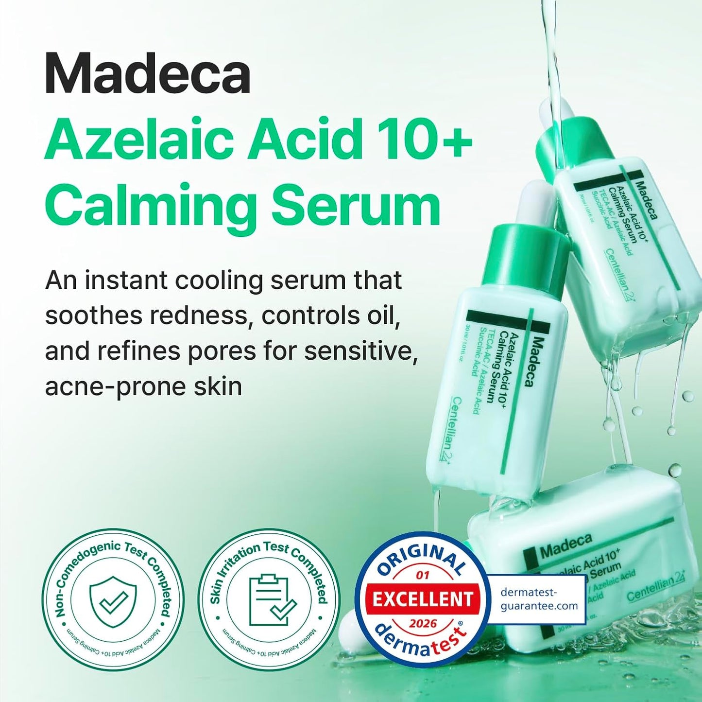 CENTELLIAN 24 Madeca Azelaic Acid 10+ Calming Serum – Cooling Redness Relief, Sebum Control, Pore Minimizing & Post Acne Mark Care for Sensitive Acne Prone Skin