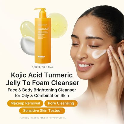 Medicube Kojic Acid Turmeric Jelly To Foam Cleanser, Brightening Face & Body Gel for Oily Skin - Makeup & Sunscreen Removal with BHA & Ceramides, Korean Skincare
