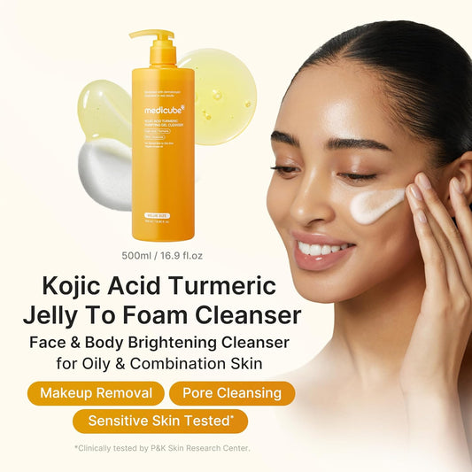 Medicube Kojic Acid Turmeric Jelly To Foam Cleanser, Brightening Face & Body Gel for Oily Skin - Makeup & Sunscreen Removal with BHA & Ceramides, Korean Skincare