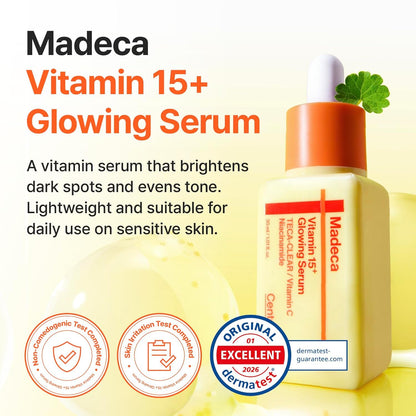 CENTELLIAN 24 Madeca Vitamin 15+ Glowing Serum – 15% Vitamin Radiance Serum Niacinamide, TECA & Vitamin C, Blemish Corrector, Uneven Tone & Melanin Care, Lightweight Korean Skin Care