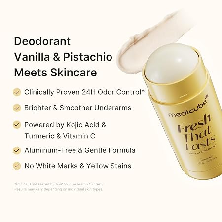 medicube Kojic Acid & Turmeric Aluminum-Free Deodorant | Vanilla & Pistachio Perfumed Stick, All-Day Odor Protection for Women & Men | Underarm Brightening Care