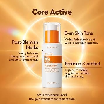 NINELESS MELA-PRO 5% Tranexamic Acid Serum, Radiance Booster, 1.01 fl.oz TXA, Niacinamide, Vitamin C, Hyaaluronic Acid, Even tone, Hydration, Smooth & Plump, Glowing glass skin, For all skin types.