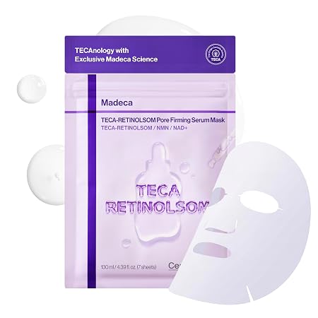 CENTELLIAN24 Madeca TECA Retinolsome Pore Firming Serum Mask Set - 7 Sheet Masks with Retinol Complex, Bakuchiol and Hyaluronic Acid for Pore Care, Elasticity and Hydration, 7 Count