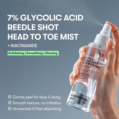 VT COSMETICS 7% Glycolic Acid Reedle Shot Head-to-Toe Mist with Niacinamide, Exfoliating Spray for Bumpy & Strawberry Skin, Dark Spots, Skin Texture, Keratosis Pilaris, Korean Skincare