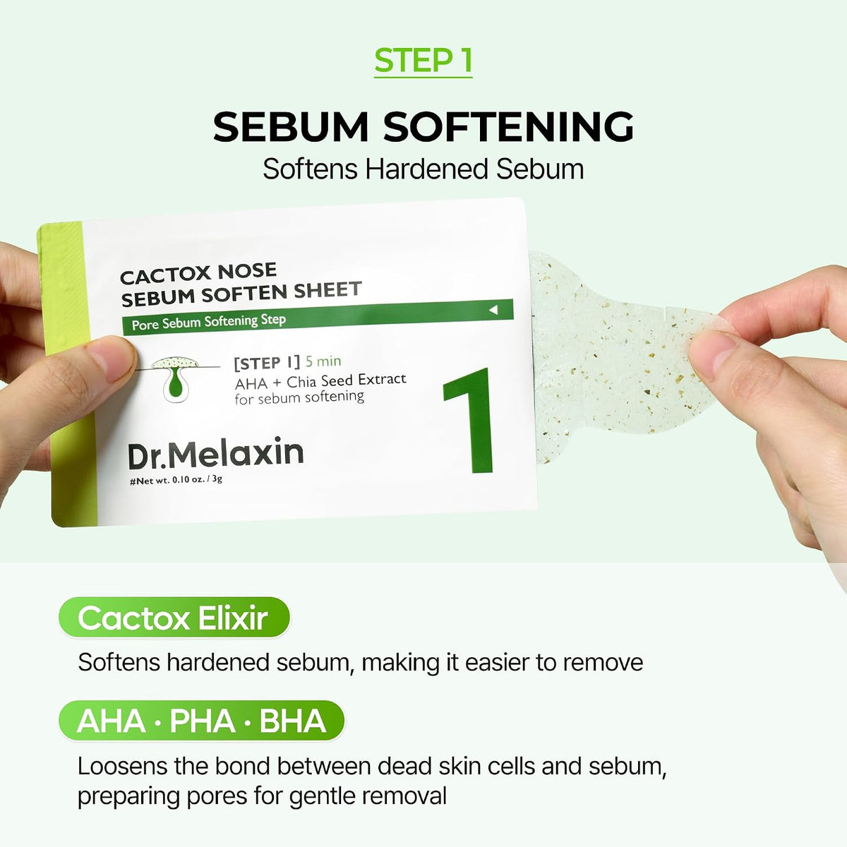 Dr.Melaxin CACTOX 3-STEP NOSE MASK (1 each) with AHA & PHA for Sebum Softening Pore Tightening Skin Repair 3-Step Nose Pore mask