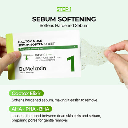 Dr.Melaxin CACTOX 3-STEP NOSE MASK (1 each) with AHA & PHA for Sebum Softening Pore Tightening Skin Repair 3-Step Nose Pore mask